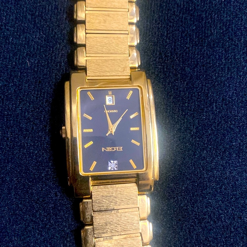 USED Elgin Men’s Watch Diamond Date Quartz Black-Dial Gold Tone